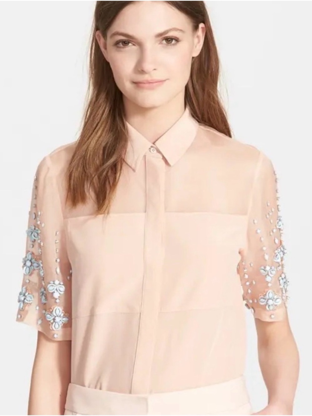 Rebecca Taylor Pure Silk Blush Sheer Top withTurquoise Embellished Sleeves NWT8